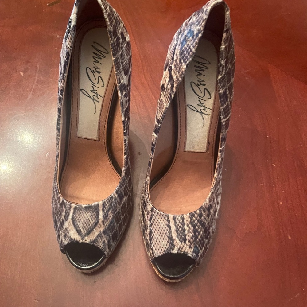 Miss Sixty Leather Snakeskin Peep Toe Heels - Black and Tan